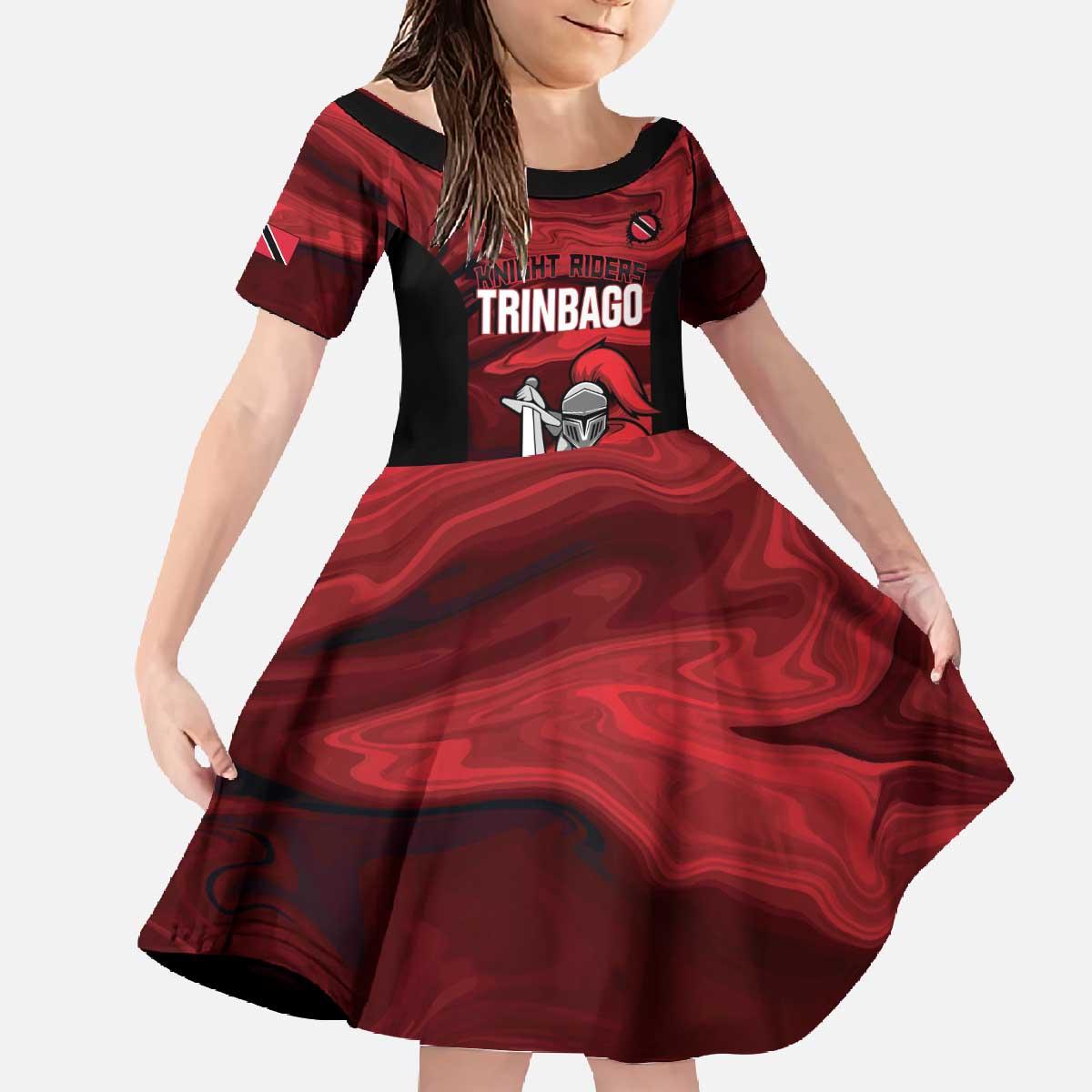 Custom Trinbago Cricket Family Matching Off The Shoulder Long Sleeve Dress and Hawaiian Shirt Go Knight Riders Marble Pattern - Wonder Print Shop