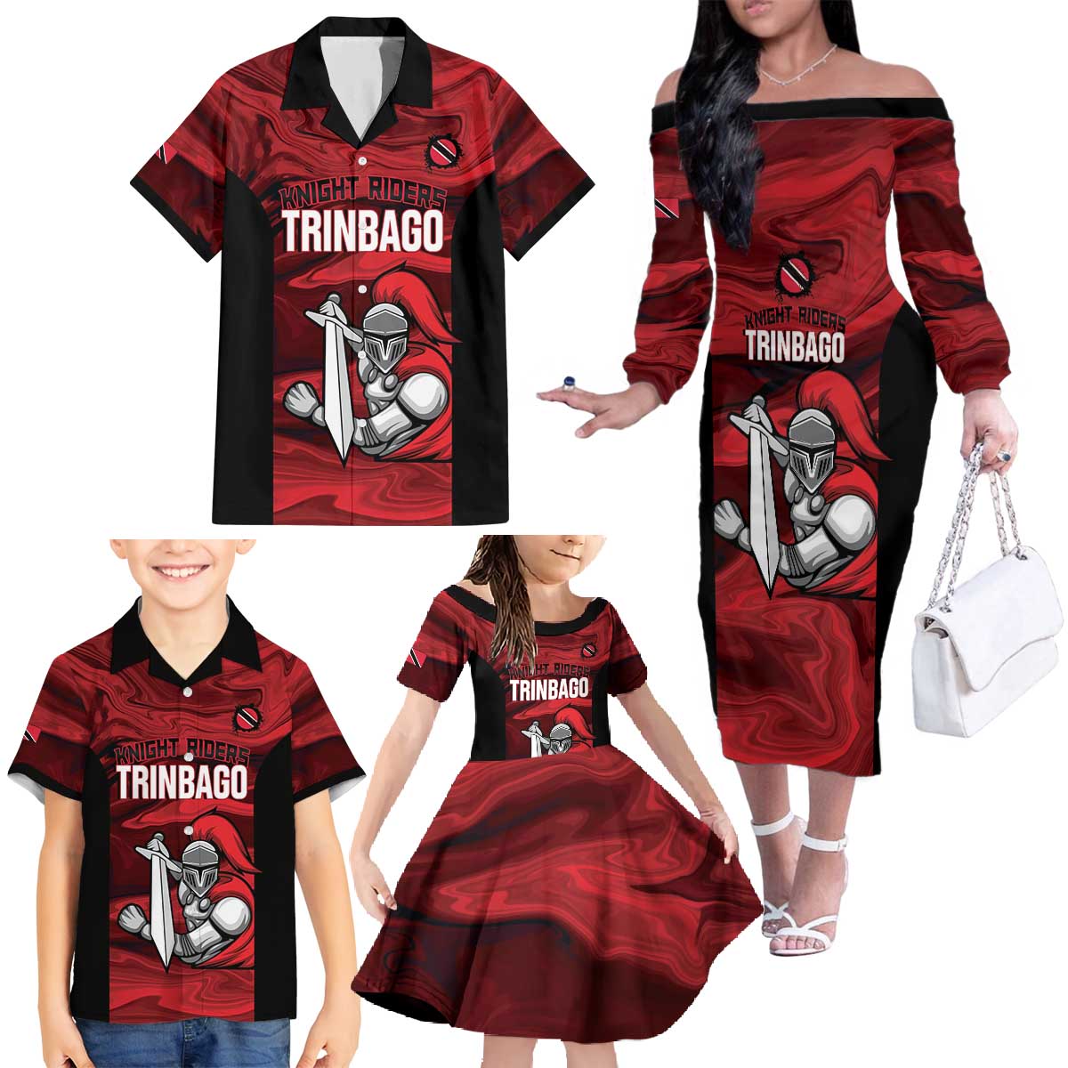 Custom Trinbago Cricket Family Matching Off The Shoulder Long Sleeve Dress and Hawaiian Shirt Go Knight Riders Marble Pattern - Wonder Print Shop