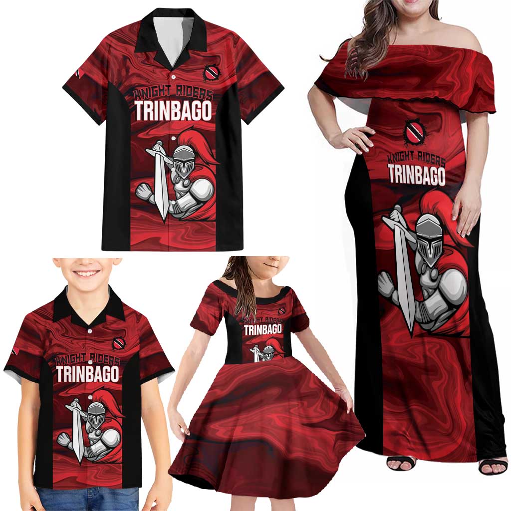 Custom Trinbago Cricket Family Matching Off Shoulder Maxi Dress and Hawaiian Shirt Go Knight Riders Marble Pattern - Wonder Print Shop