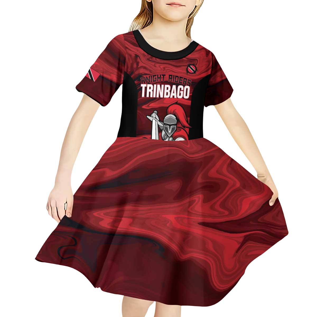 Custom Trinbago Cricket Kid Short Sleeve Dress Go Knight Riders Marble Pattern - Wonder Print Shop
