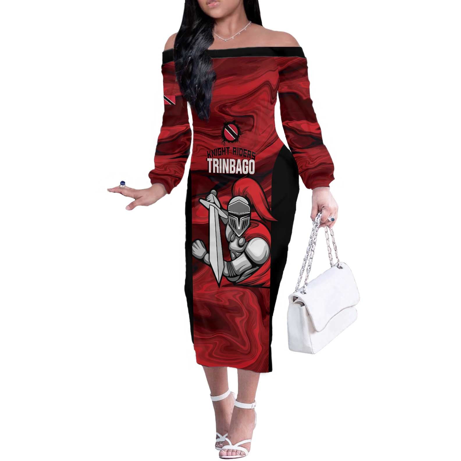 Custom Trinbago Cricket Off The Shoulder Long Sleeve Dress Go Knight Riders Marble Pattern - Wonder Print Shop