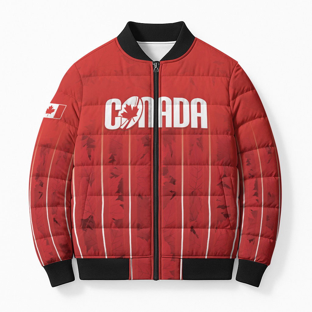 Custom Canada Rugby 2026 Bomber Puffer Jacket Maple Leaf Striped Line Style
