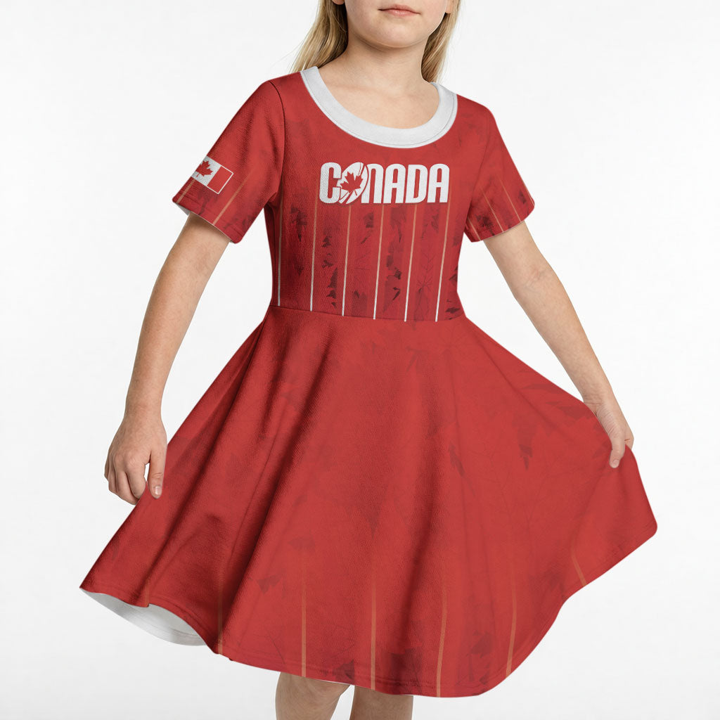 Custom Canada Rugby 2026 Kid Short Sleeve Dress Maple Leaf Striped Line Style