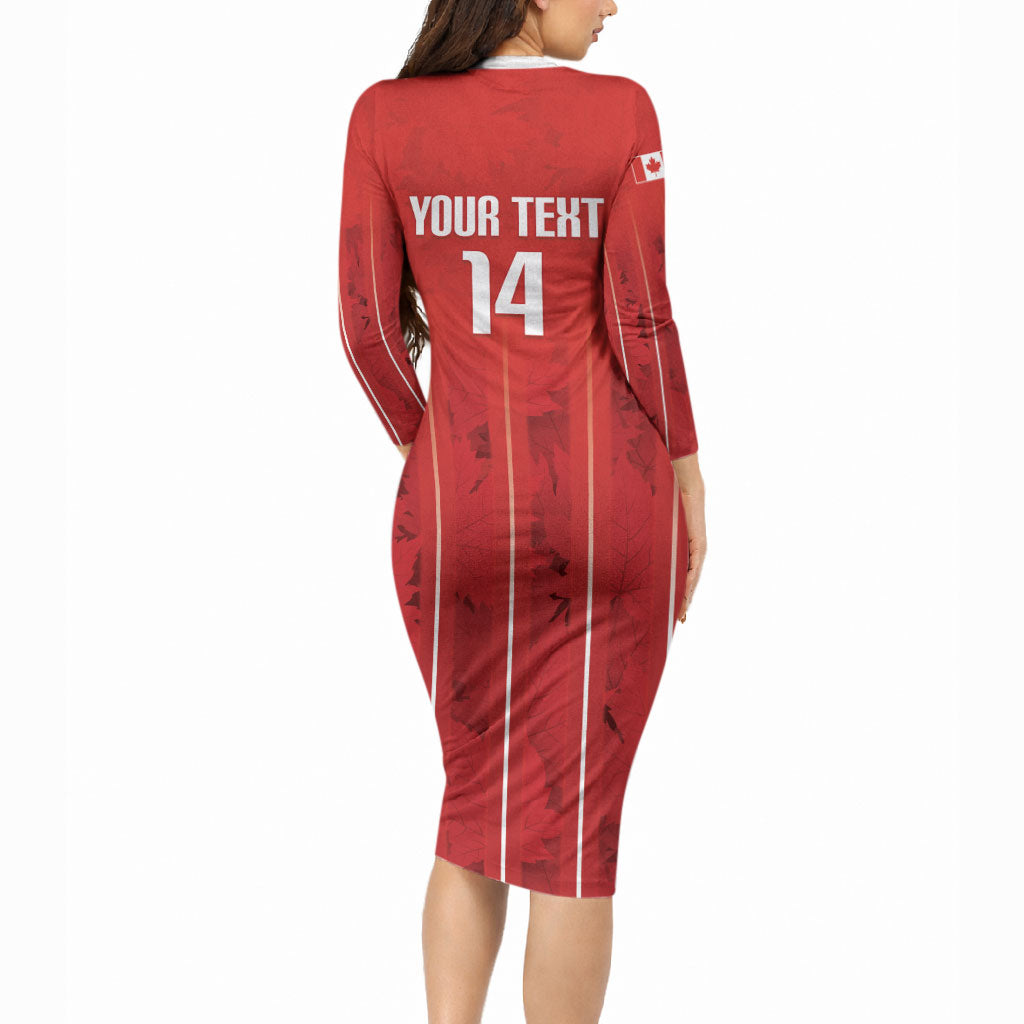 Custom Canada Rugby 2026 Long Sleeve Bodycon Dress Maple Leaf Striped Line Style
