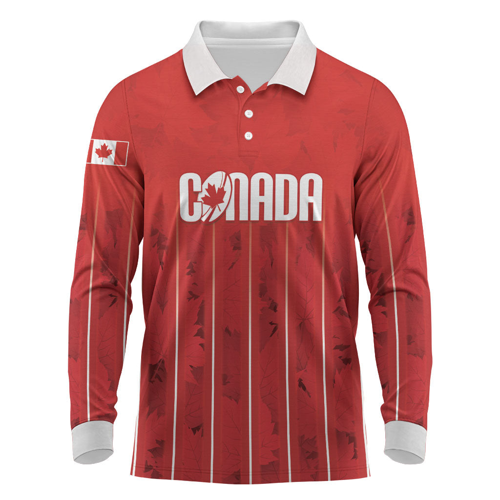 Custom Canada Rugby 2026 Long Sleeve Polo Shirt Maple Leaf Striped Line Style