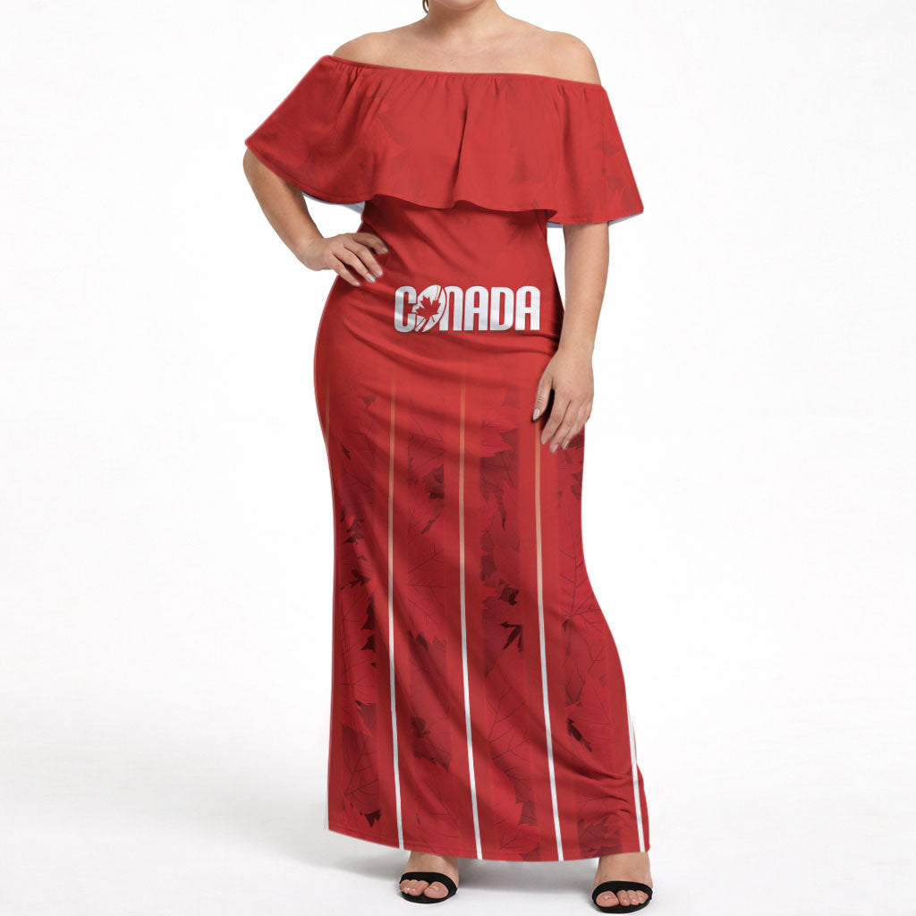 Custom Canada Rugby 2026 Off Shoulder Maxi Dress Maple Leaf Striped Line Style