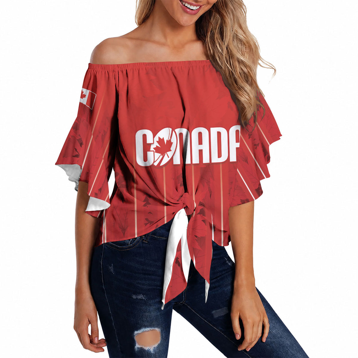 Custom Canada Rugby 2026 Off Shoulder Wrap Waist Top Maple Leaf Striped Line Style