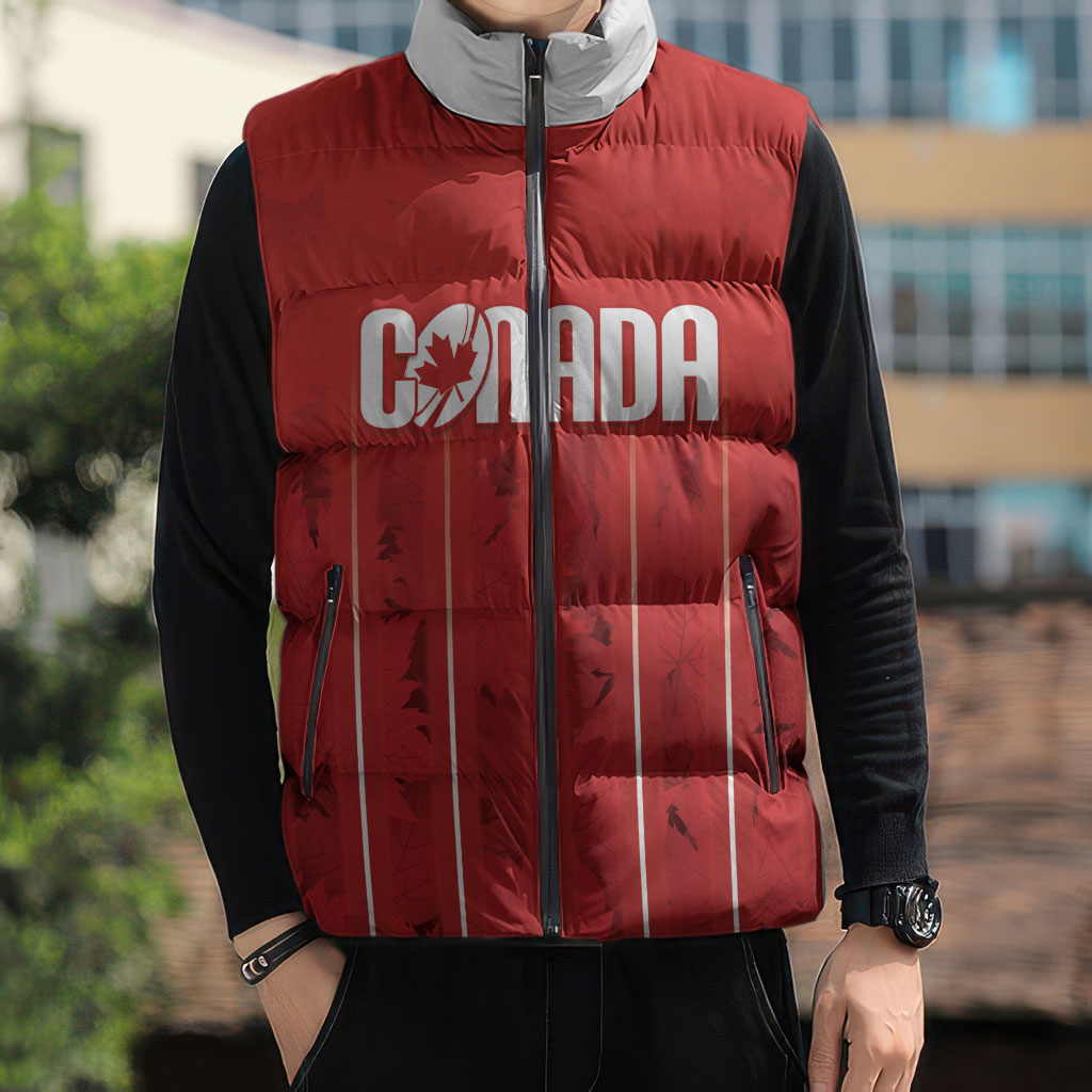 Custom Canada Rugby 2026 Sleeveless Puffer Jacket Maple Leaf Striped Line Style