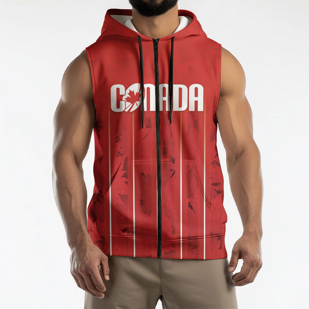 Custom Canada Rugby 2026 Sleeveless Zip Hoodie Maple Leaf Striped Line Style