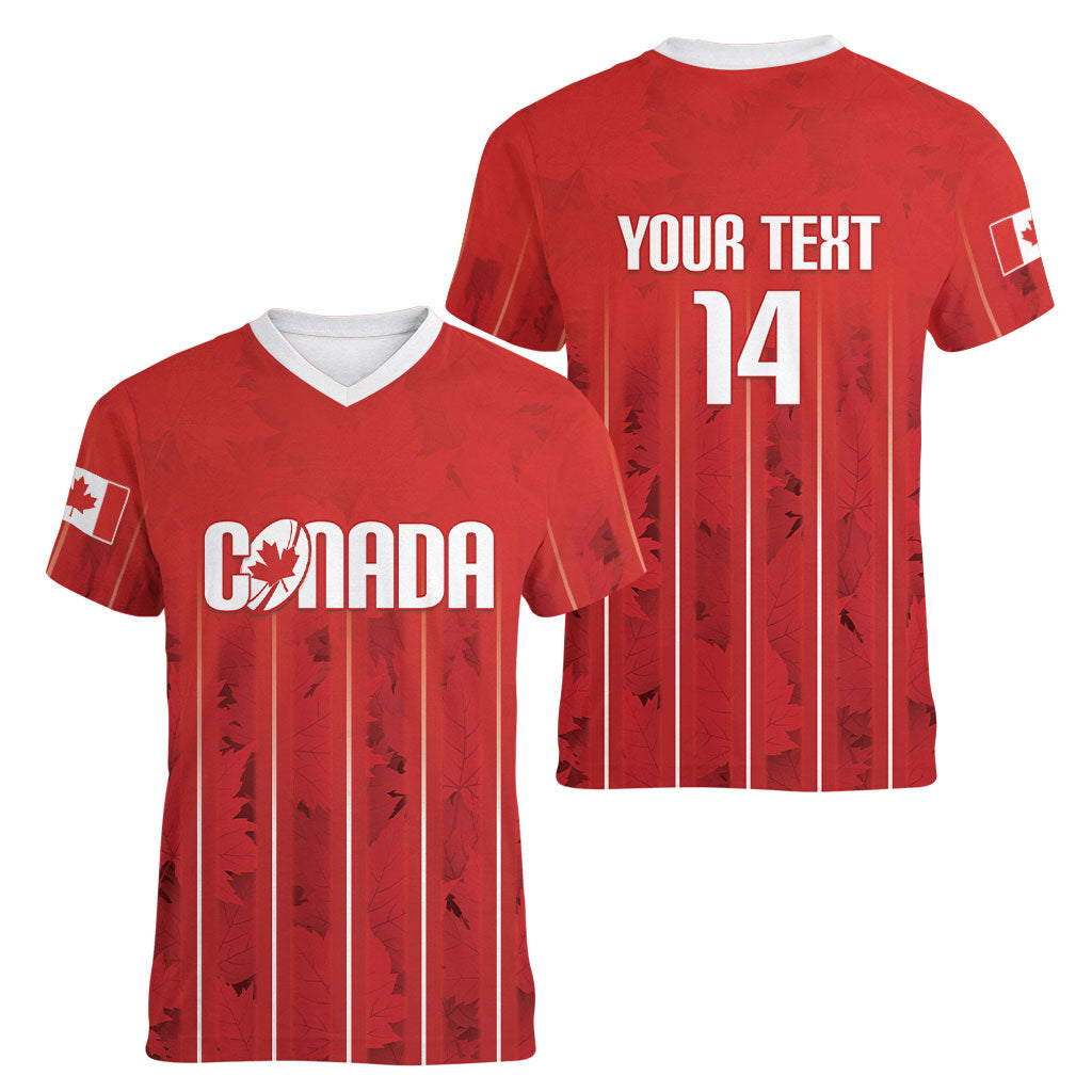 Custom Canada Rugby 2026 Women V-Neck T-Shirt Maple Leaf Striped Line Style