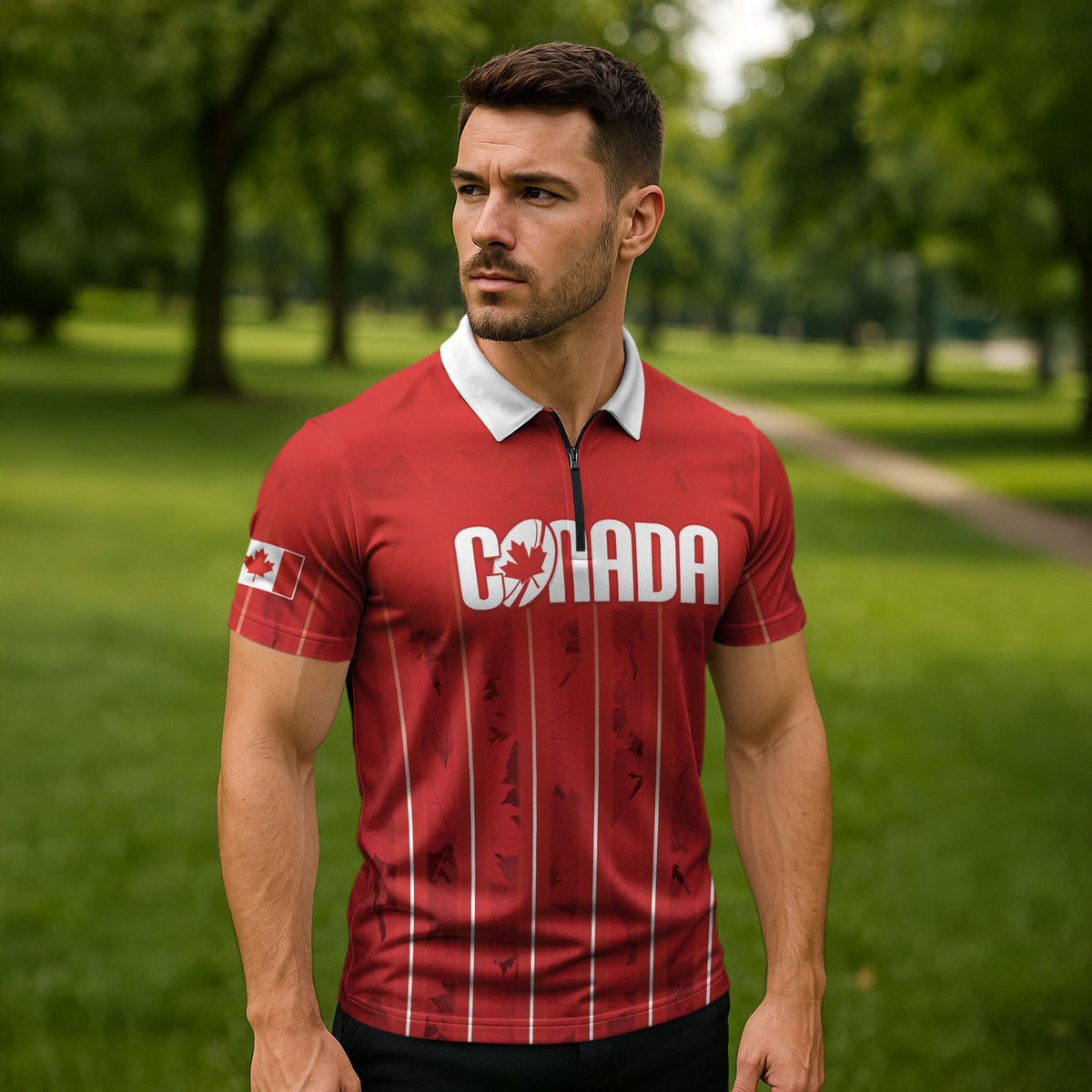 Custom Canada Rugby 2026 Zipper Polo Shirt Maple Leaf Striped Line Style