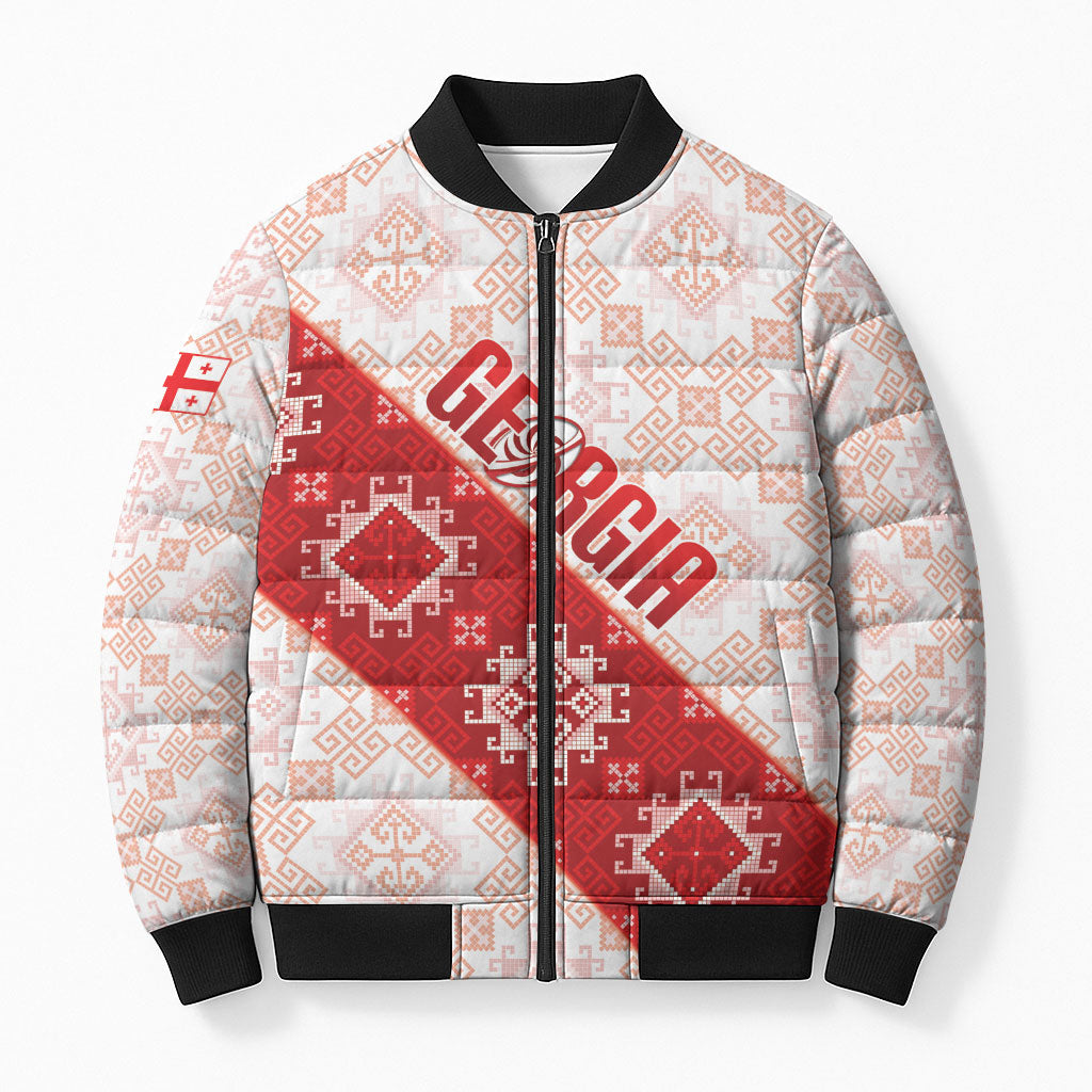 Custom Georgia Rugby 2026 Bomber Puffer Jacket Georgian Folk Pattern
