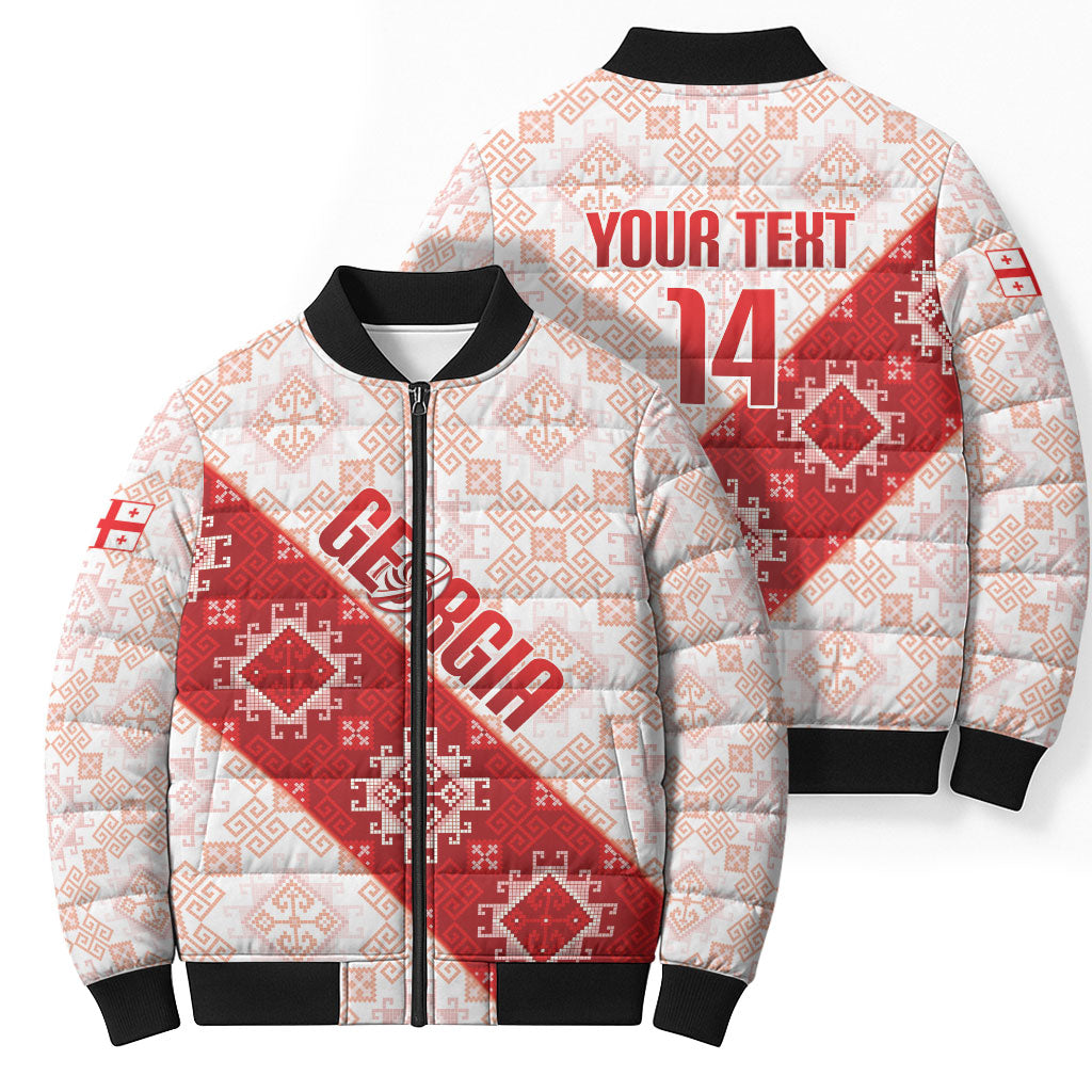 Custom Georgia Rugby 2026 Bomber Puffer Jacket Georgian Folk Pattern