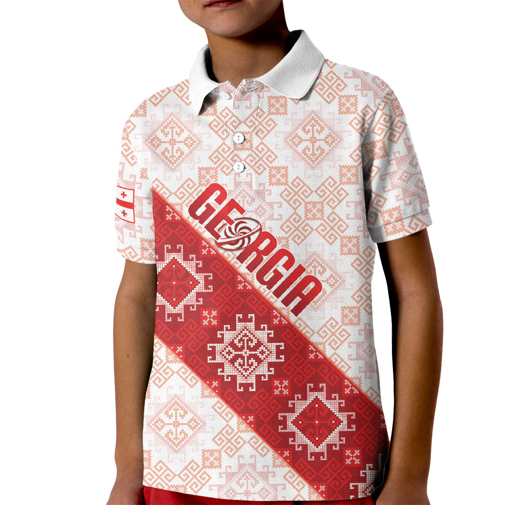 Custom Georgia Rugby 2026 Kid Polo Shirt Georgian Folk Pattern