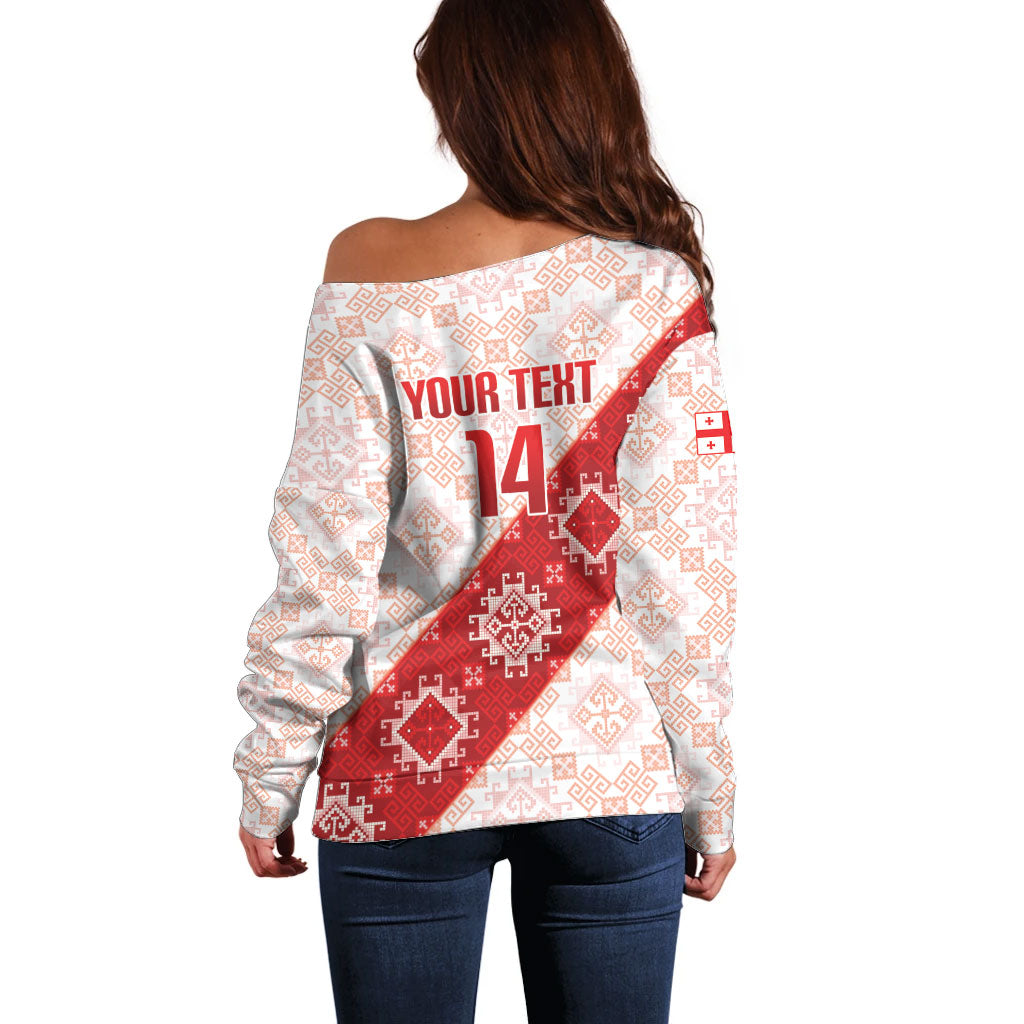 Custom Georgia Rugby 2026 Off Shoulder Sweater Georgian Folk Pattern
