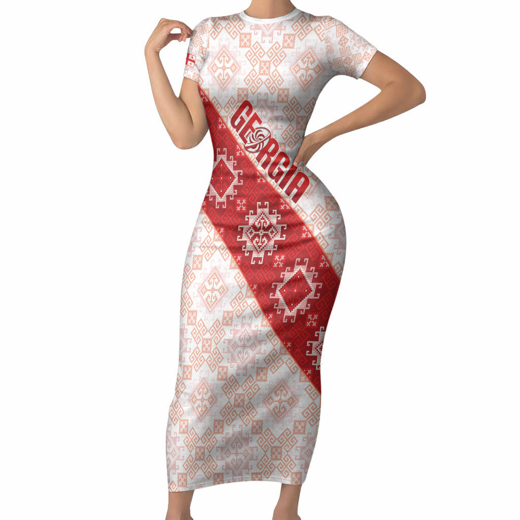 Custom Georgia Rugby 2026 Short Sleeve Bodycon Dress Georgian Folk Pattern