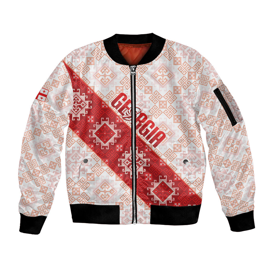 Custom Georgia Rugby 2026 Sleeve Zip Bomber Jacket Georgian Folk Pattern