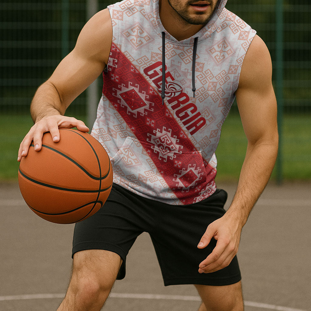 Custom Georgia Rugby 2026 Sleeveless Hoodie Georgian Folk Pattern