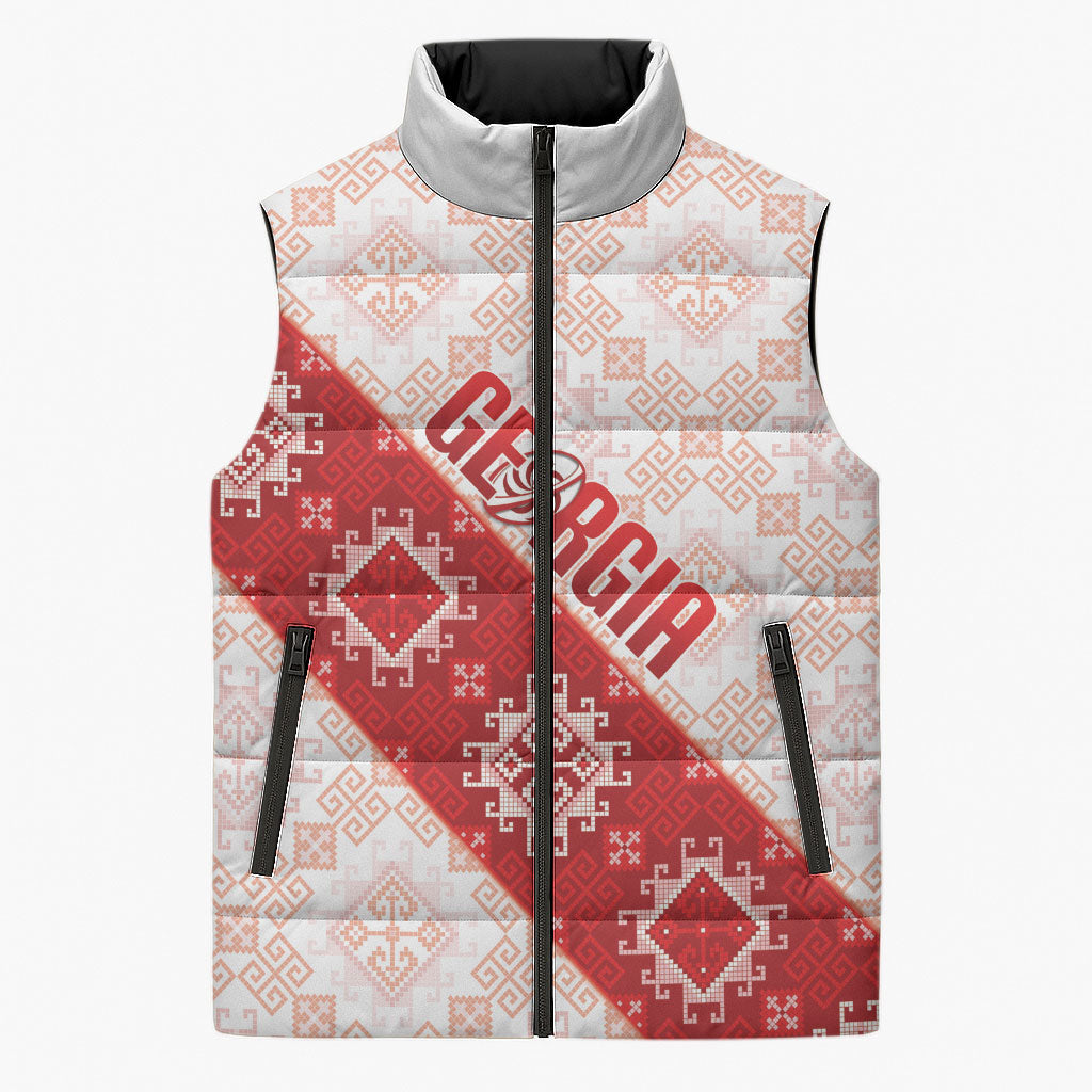 Custom Georgia Rugby 2026 Sleeveless Puffer Jacket Georgian Folk Pattern