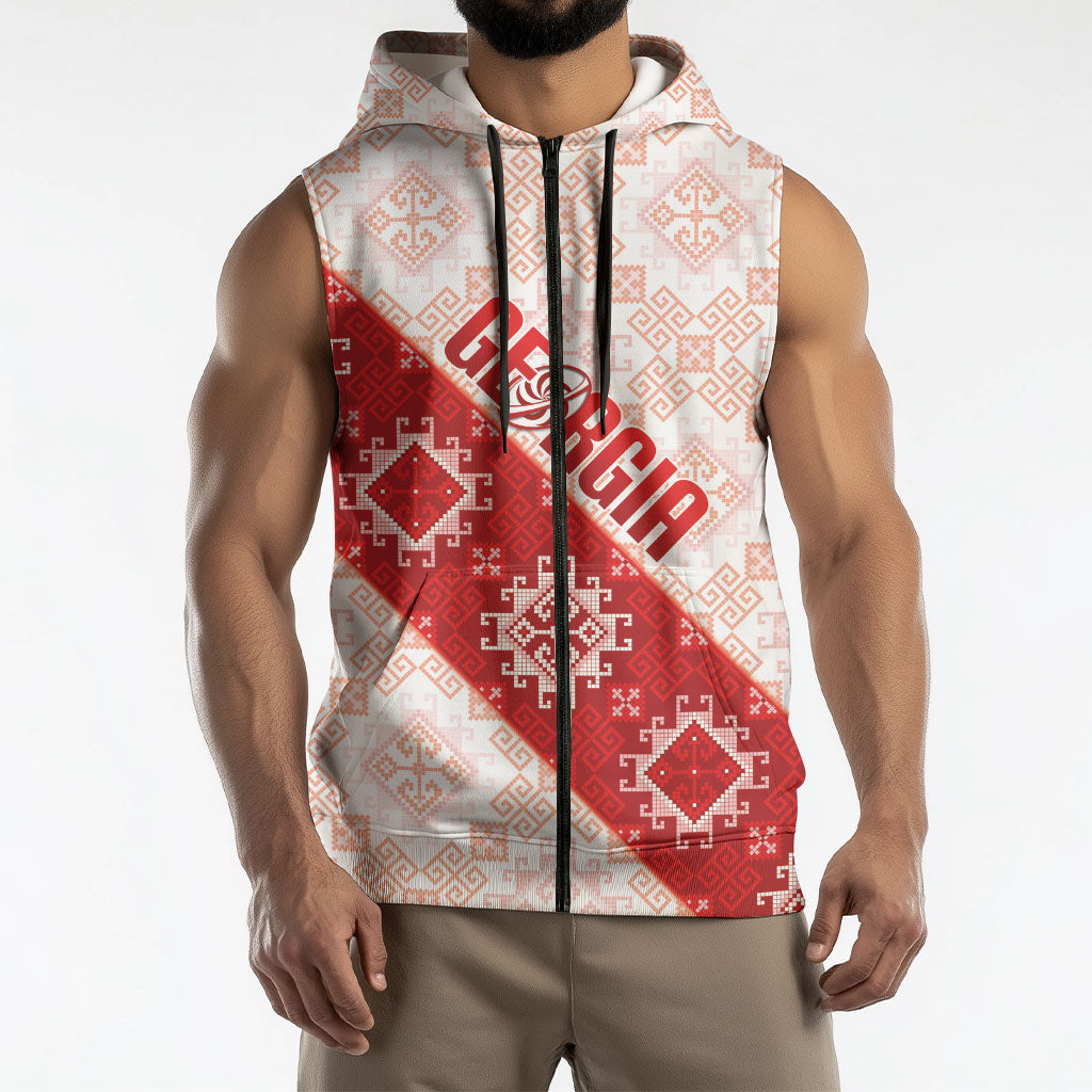 Custom Georgia Rugby 2026 Sleeveless Zip Hoodie Georgian Folk Pattern