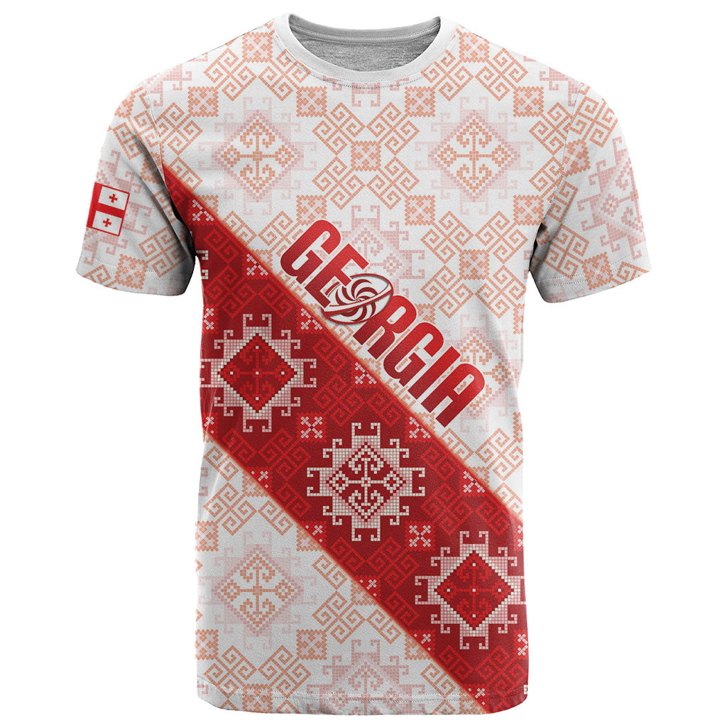 Custom Georgia Rugby 2026 T Shirt Georgian Folk Pattern