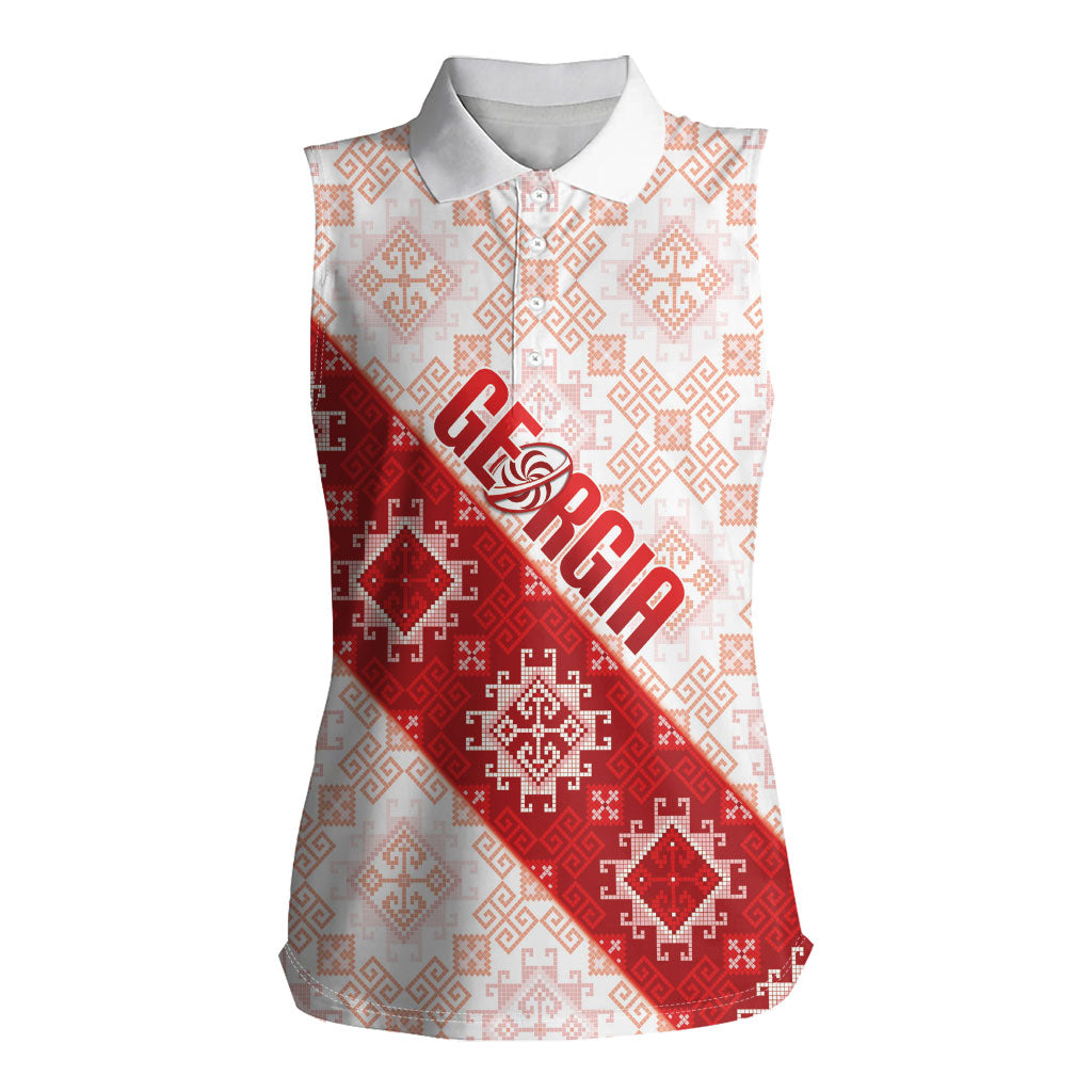 Custom Georgia Rugby 2026 Women Sleeveless Polo Shirt Georgian Folk Pattern