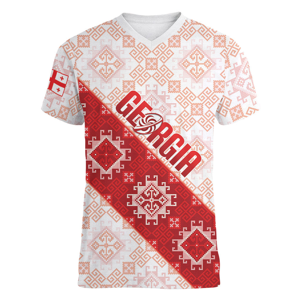 Custom Georgia Rugby 2026 Women V-Neck T-Shirt Georgian Folk Pattern