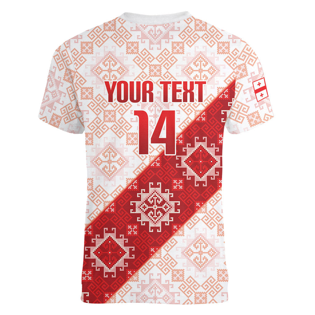 Custom Georgia Rugby 2026 Women V-Neck T-Shirt Georgian Folk Pattern