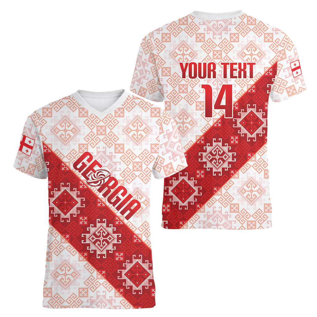 Custom Georgia Rugby 2026 Women V-Neck T-Shirt Georgian Folk Pattern