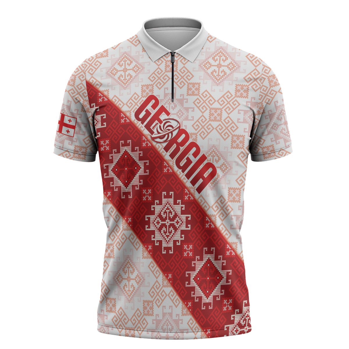 Custom Georgia Rugby 2026 Zipper Polo Shirt Georgian Folk Pattern