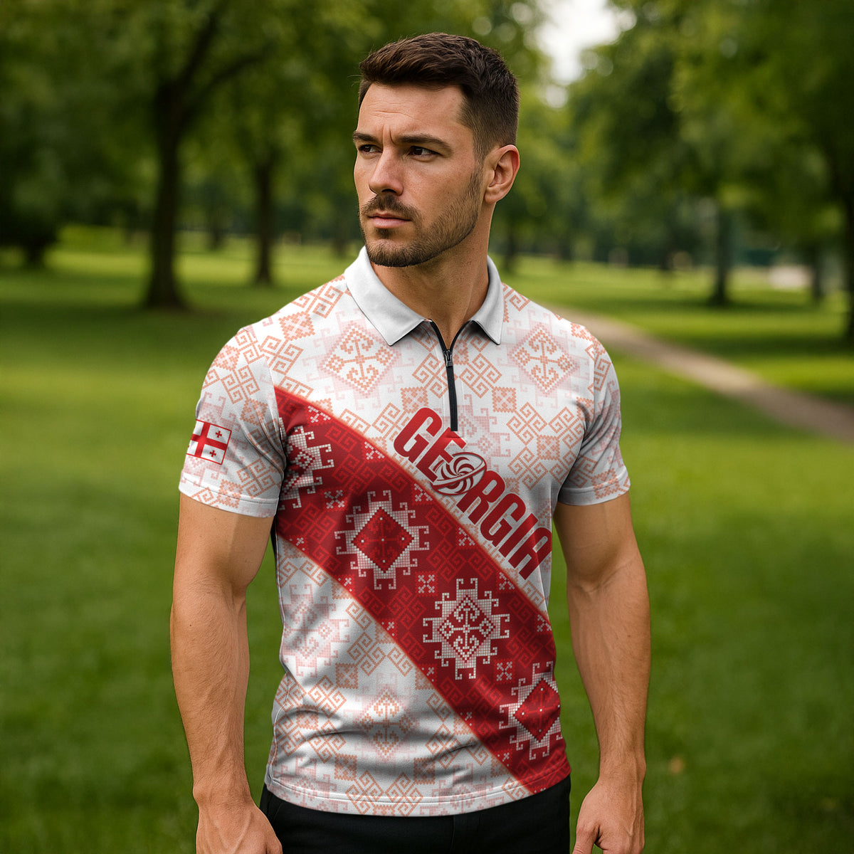 Custom Georgia Rugby 2026 Zipper Polo Shirt Georgian Folk Pattern