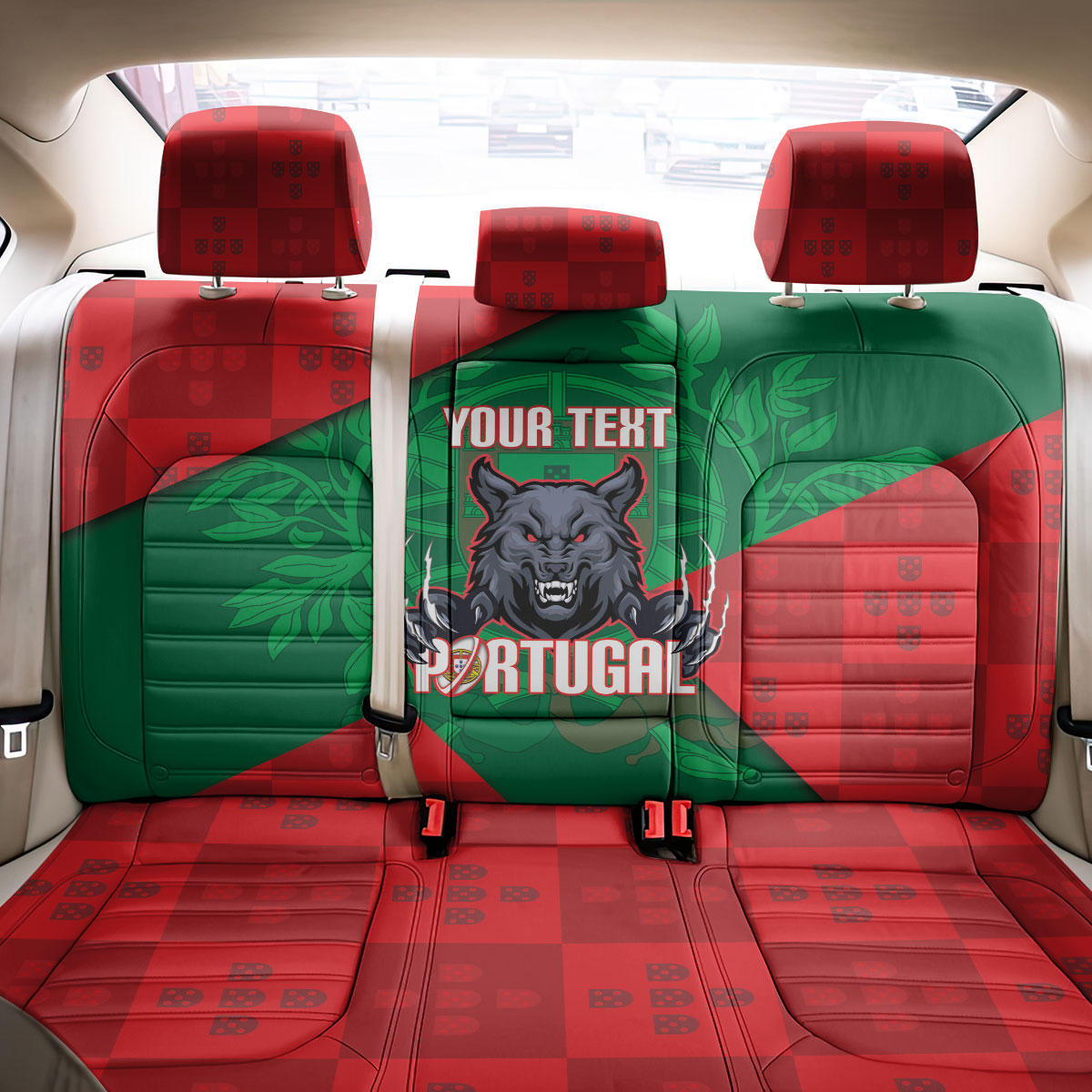 Custom Portugal Rugby 2026 Back Car Seat Cover Os Lobos Wolf Mascot