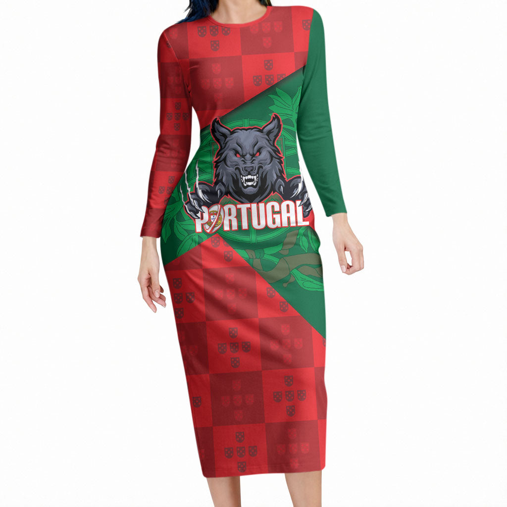 Custom Portugal Rugby 2026 Long Sleeve Bodycon Dress Os Lobos Wolf Mascot