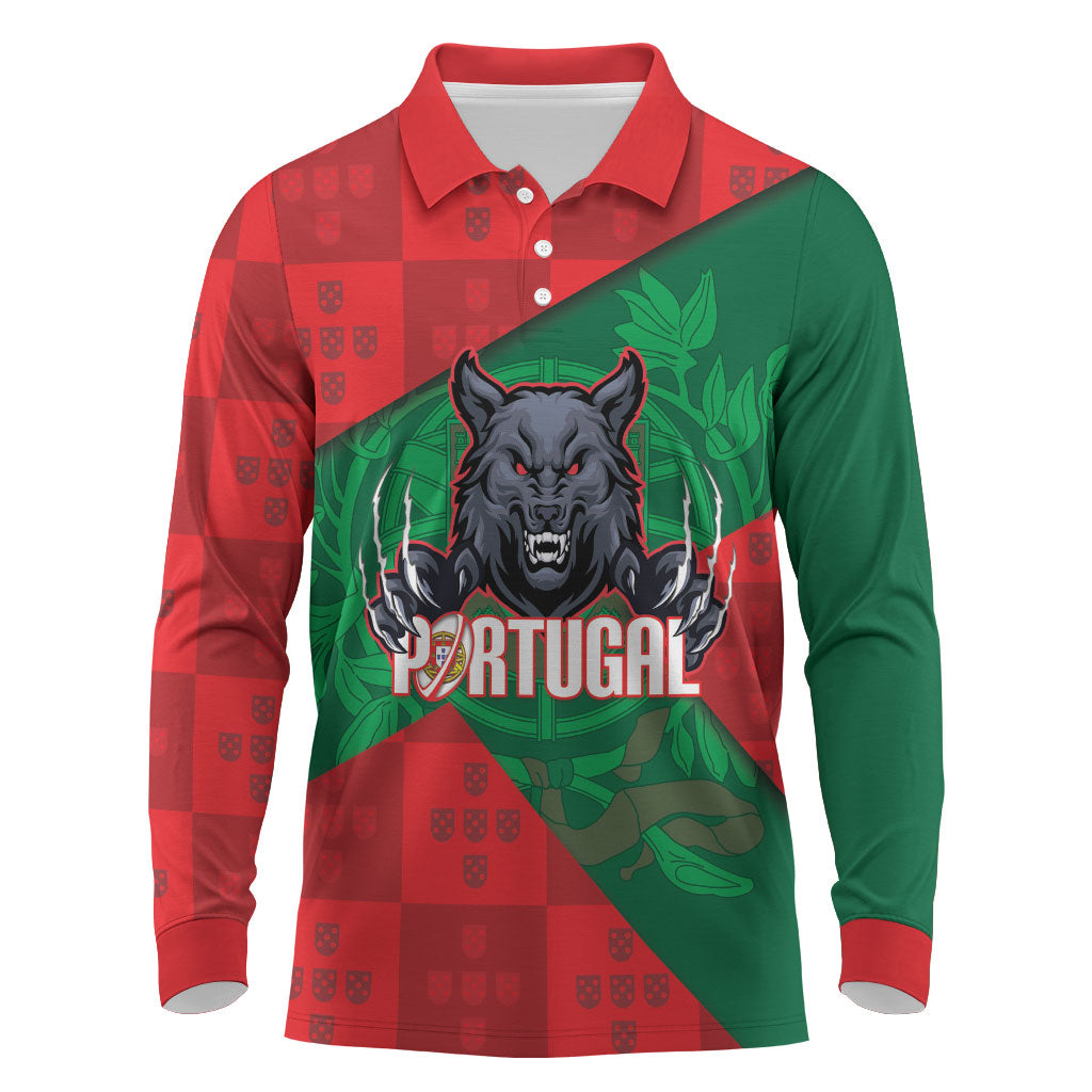 Custom Portugal Rugby 2026 Long Sleeve Polo Shirt Os Lobos Wolf Mascot