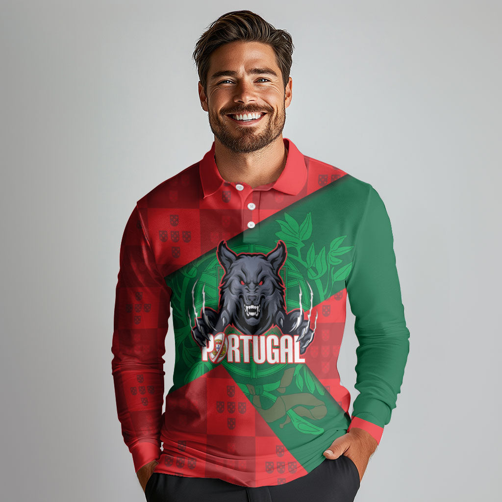 Custom Portugal Rugby 2026 Long Sleeve Polo Shirt Os Lobos Wolf Mascot