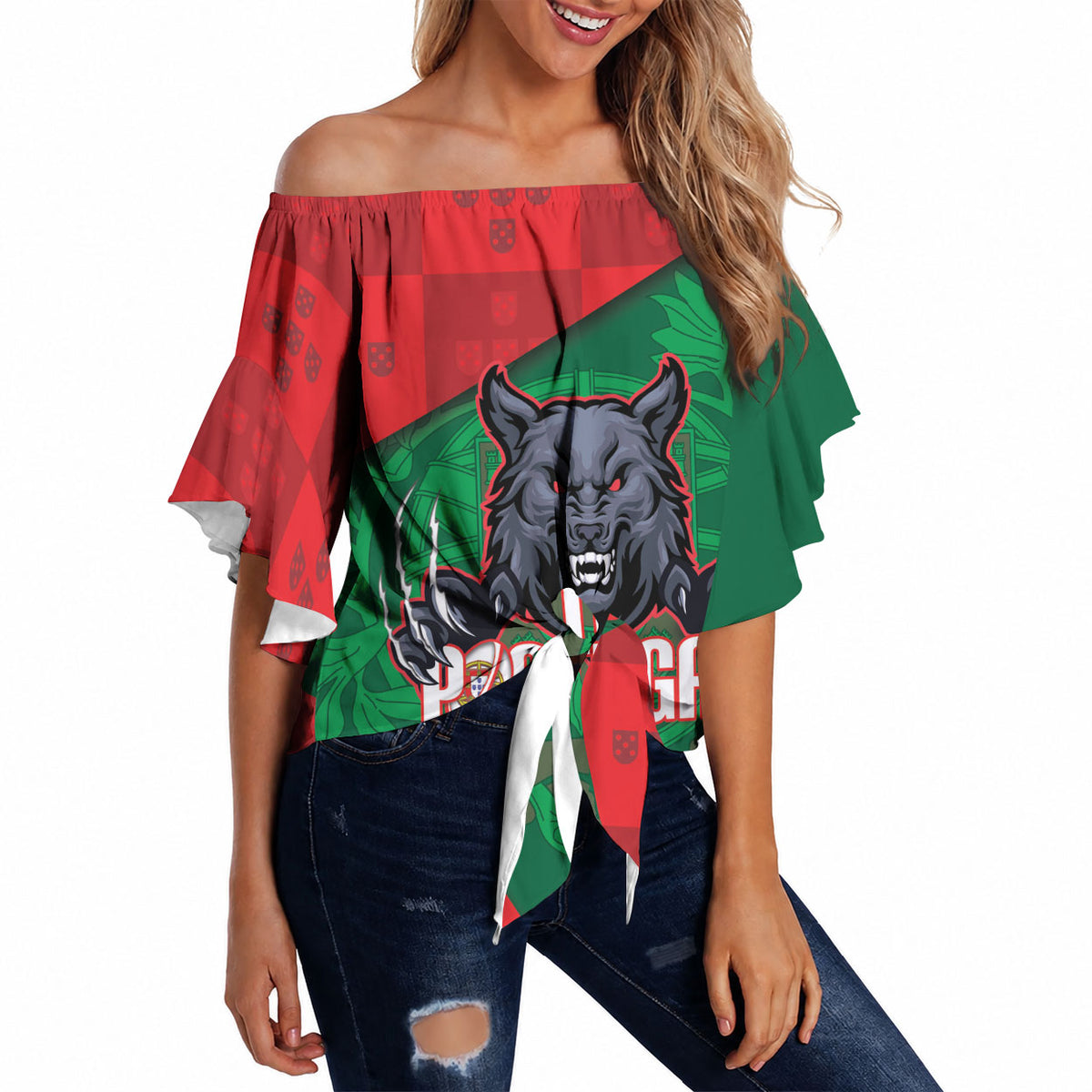 Custom Portugal Rugby 2026 Off Shoulder Wrap Waist Top Os Lobos Wolf Mascot