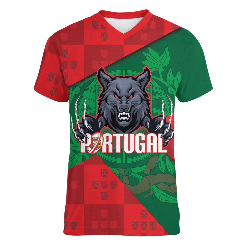 Custom Portugal Rugby 2026 Women V-Neck T-Shirt Os Lobos Wolf Mascot