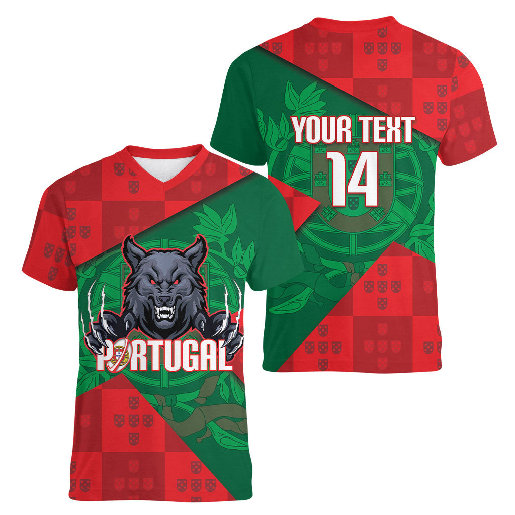 Custom Portugal Rugby 2026 Women V-Neck T-Shirt Os Lobos Wolf Mascot