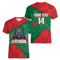 Custom Portugal Rugby 2026 Women V-Neck T-Shirt Os Lobos Wolf Mascot