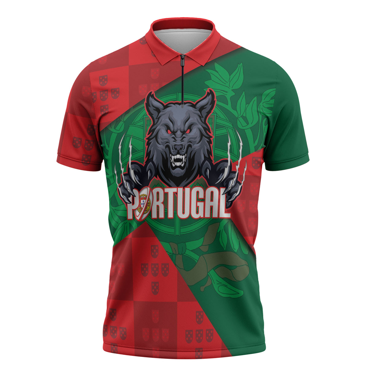 Custom Portugal Rugby 2026 Zipper Polo Shirt Os Lobos Wolf Mascot