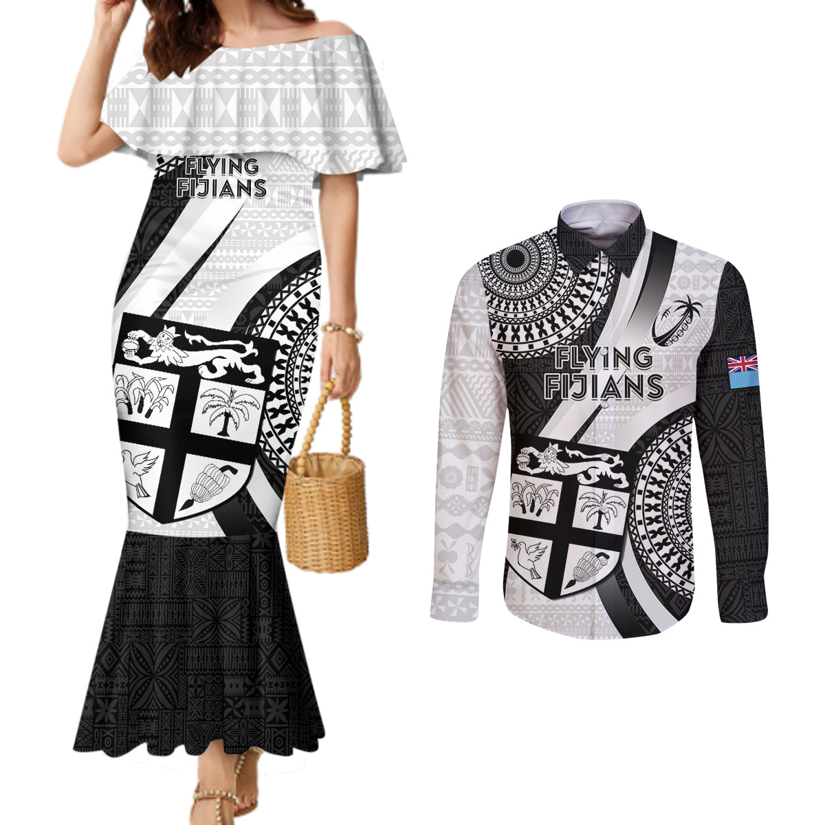 fiji-rugby-couples-matching-mermaid-dress-and-long-sleeve-button-shirts-world-cup-2023-go-champions-fijian-tapa-black-version