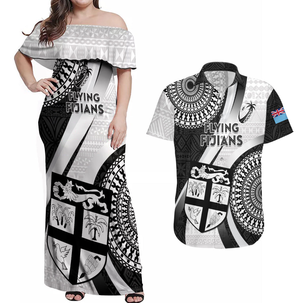 Fiji Rugby Couples Matching Off Shoulder Maxi Dress and Hawaiian Shirt World Cup 2023 Go Champions Fijian Tapa Black Version - Wonder Print Shop