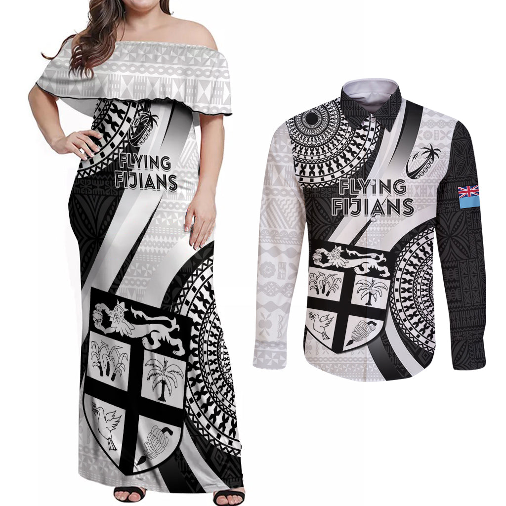 Fiji Rugby Couples Matching Off Shoulder Maxi Dress and Long Sleeve Button Shirts World Cup 2023 Go Champions Fijian Tapa Black Version - Wonder Print Shop