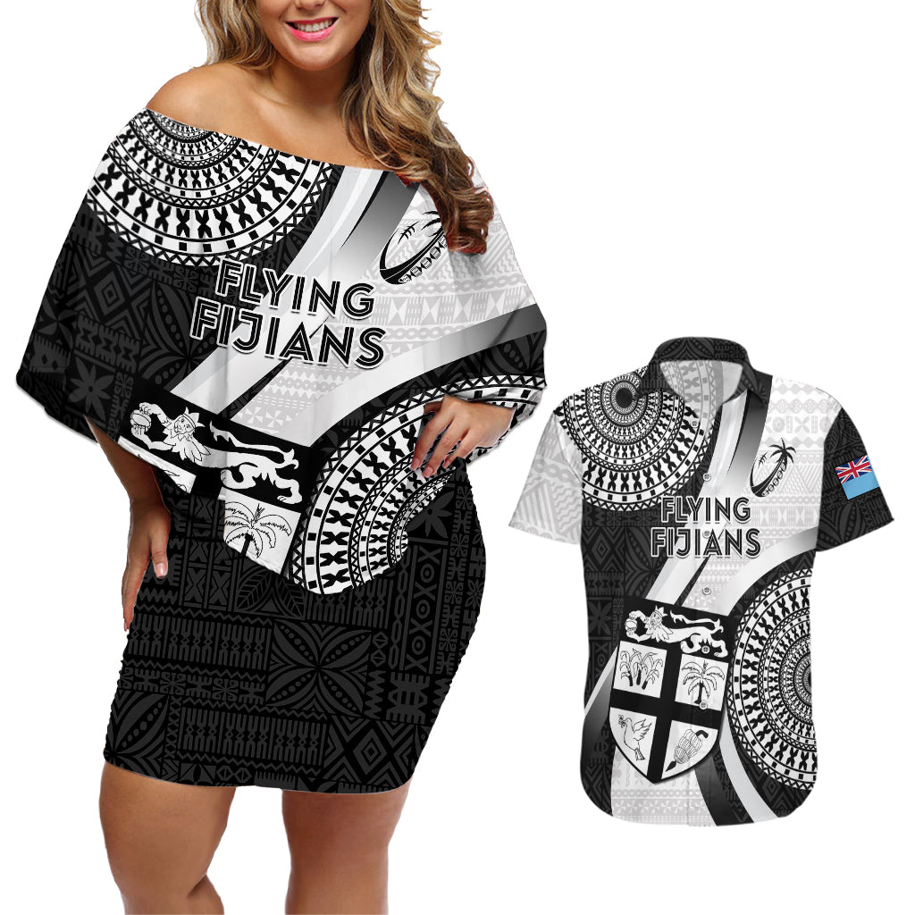Fiji Rugby Couples Matching Off Shoulder Short Dress and Hawaiian Shirt World Cup 2023 Go Champions Fijian Tapa Black Version - Wonder Print Shop
