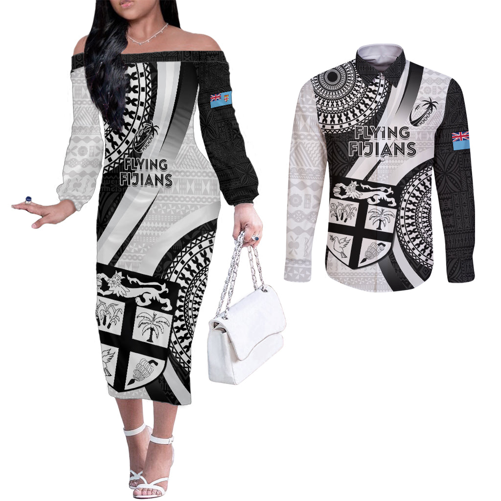 fiji-rugby-couples-matching-off-the-shoulder-long-sleeve-dress-and-long-sleeve-button-shirts-world-cup-2023-go-champions-fijian-tapa-black-version