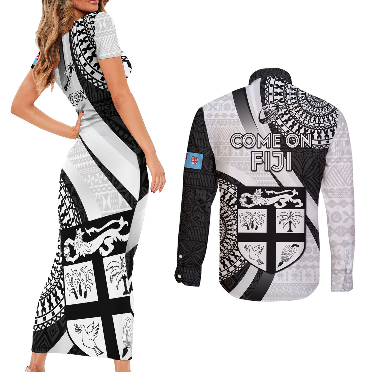 Fiji Rugby Couples Matching Short Sleeve Bodycon Dress and Long Sleeve Button Shirts World Cup 2023 Go Champions Fijian Tapa Black Version - Wonder Print Shop