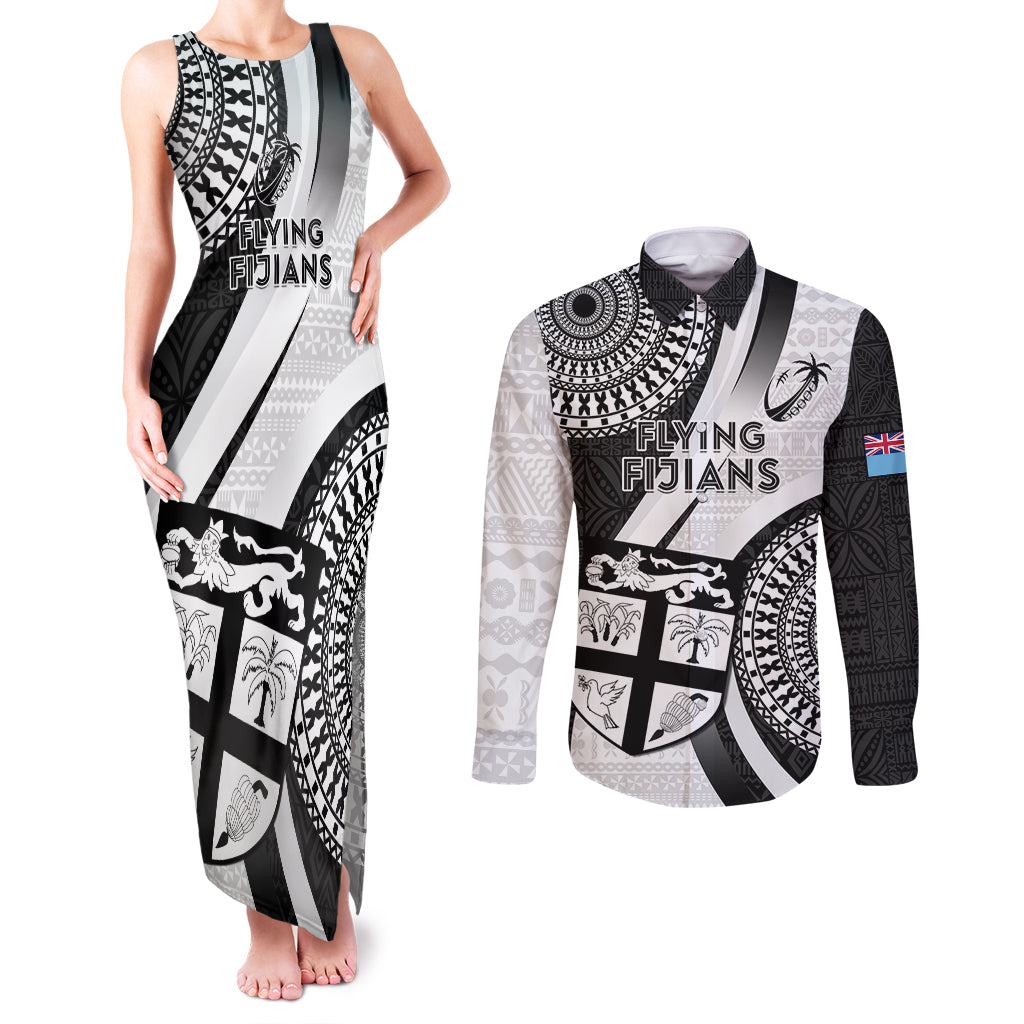 Fiji Rugby Couples Matching Tank Maxi Dress and Long Sleeve Button Shirts World Cup 2023 Go Champions Fijian Tapa Black Version - Wonder Print Shop