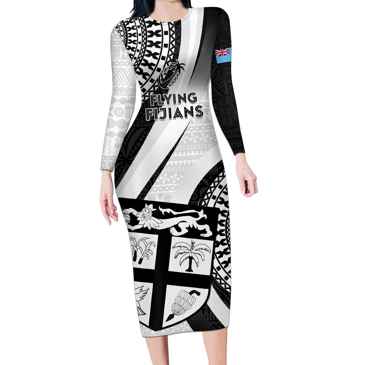 Fiji Rugby Long Sleeve Bodycon Dress World Cup 2023 Go Champions Fijian Tapa Black Version - Wonder Print Shop