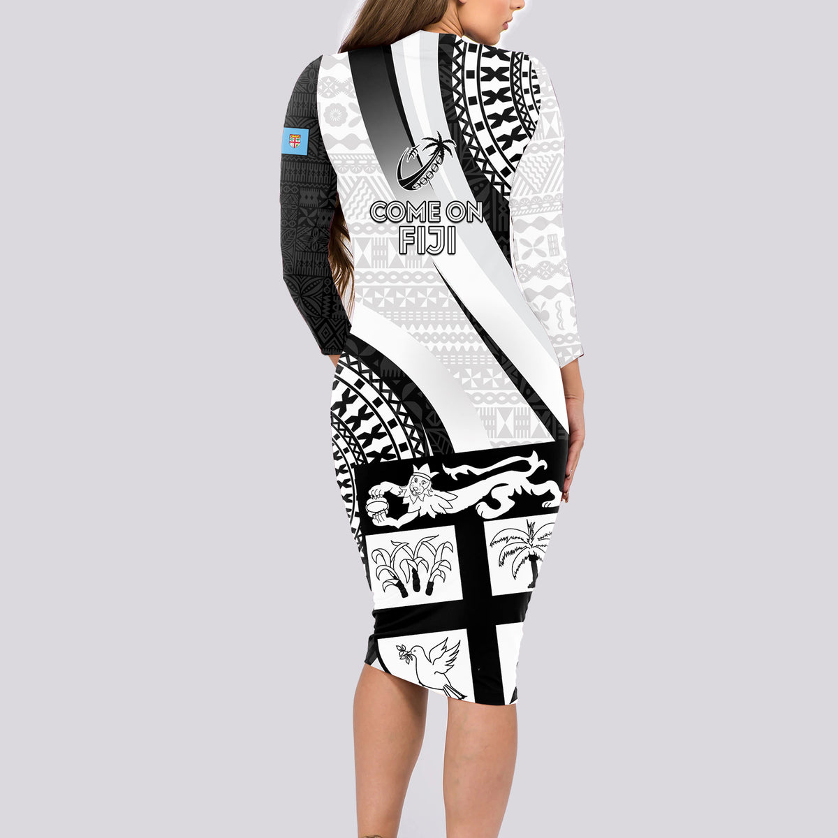 Fiji Rugby Long Sleeve Bodycon Dress World Cup 2023 Go Champions Fijian Tapa Black Version - Wonder Print Shop