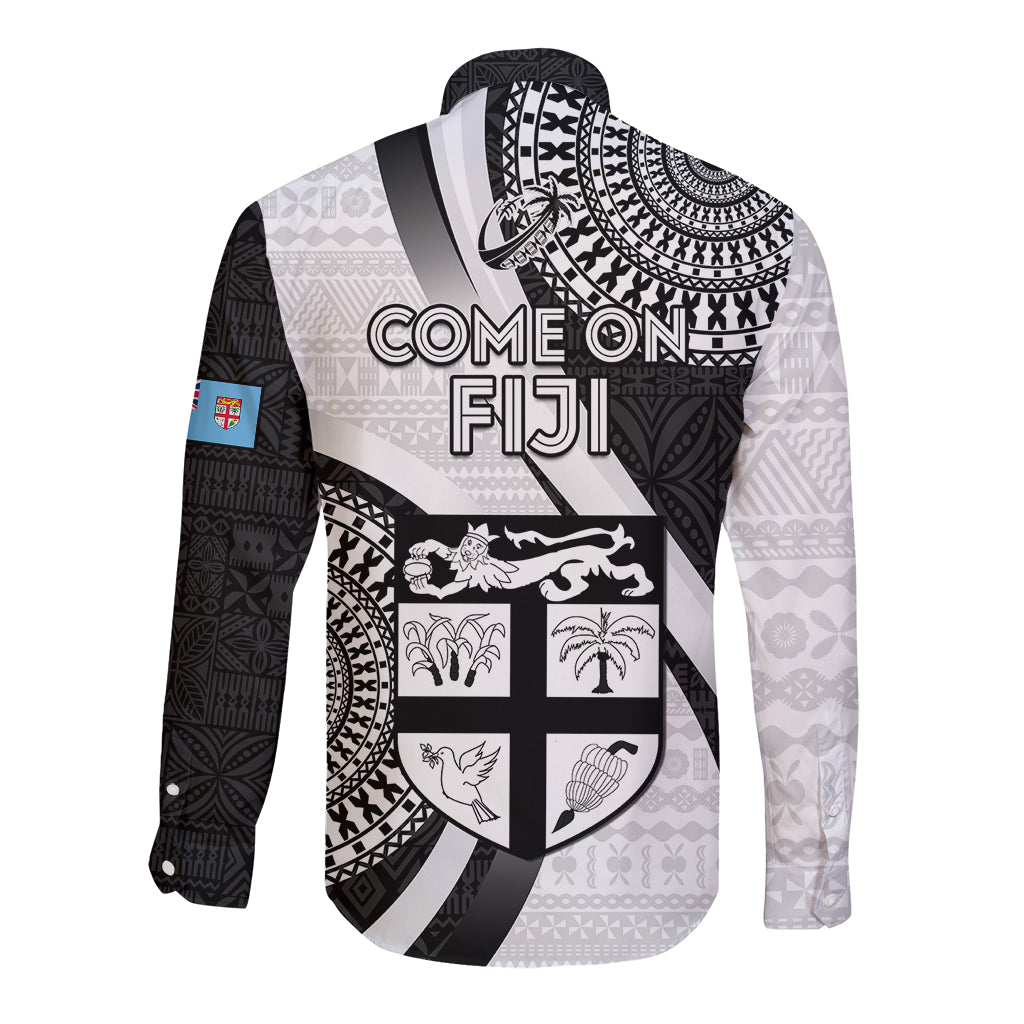 Fiji Rugby Long Sleeve Button Shirt World Cup 2023 Go Champions Fijian Tapa Black Version - Wonder Print Shop